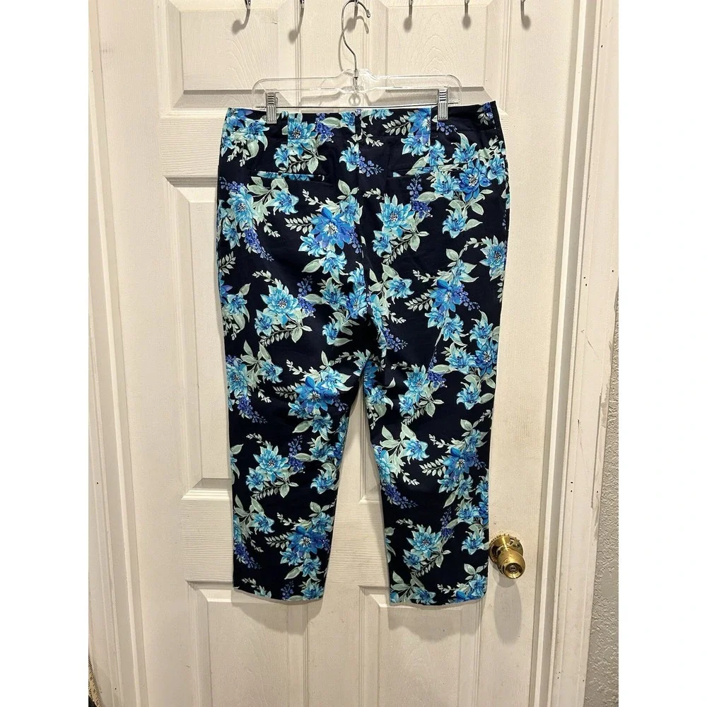 Talbots Womens Blue Floral Cropped Pants Sz 14‎ Navy Tropical Botanical Slim Leg